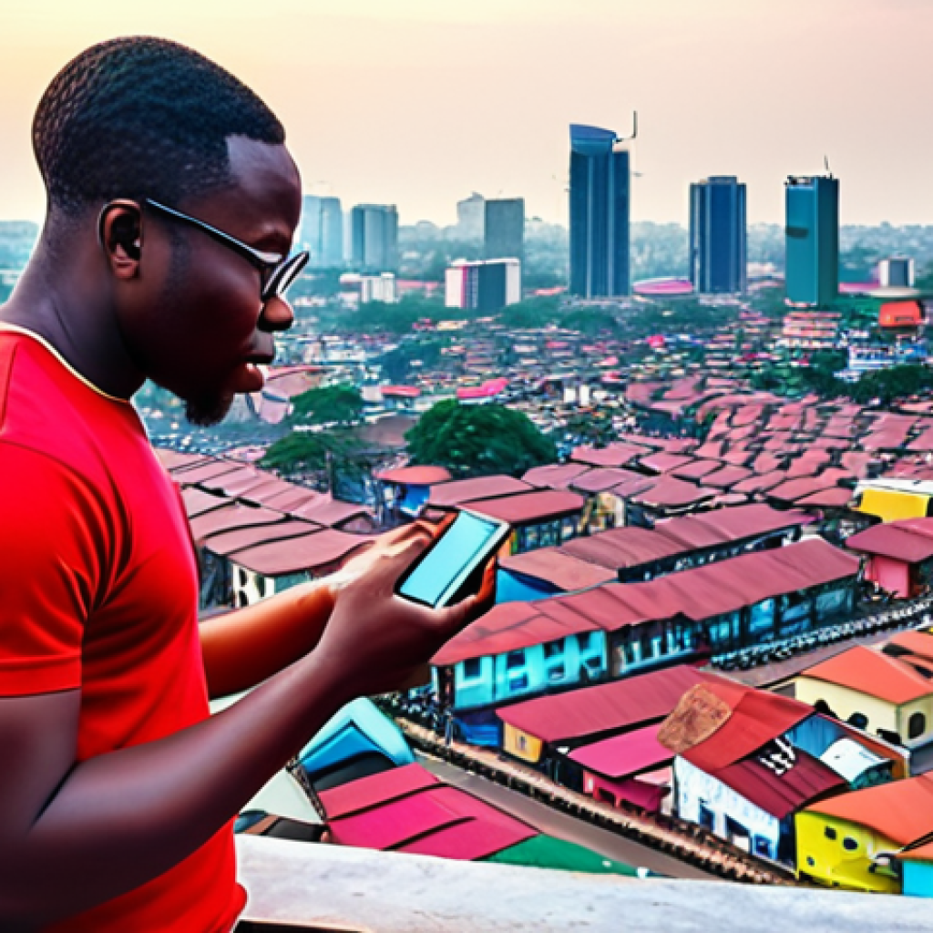 **Prompt:** Nigerian Fintech revolution. Mobile wallets and online payment platform user with smartphone. Urban Lagos background. Modern, vibrant colors.