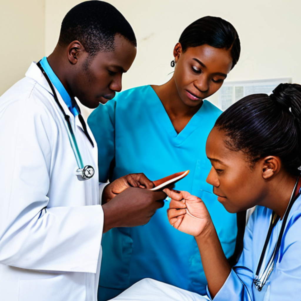 A professional medical team, including diverse African male and female doctors and medical students, attentively conducting a clinical examination. All subjects are wearing clean, modest medical scrubs and white coats, fully clothed, appropriate attire. The setting is a brightly lit, clean, and functional clinic room in a Nigerian hospital, with essential medical equipment visible. This image emphasizes practical clinical experience and collaborative learning. Perfect anatomy, correct proportions, natural poses, well-formed hands, proper finger count, natural body proportions, professional photography, high quality, safe for work, appropriate content, family-friendly.