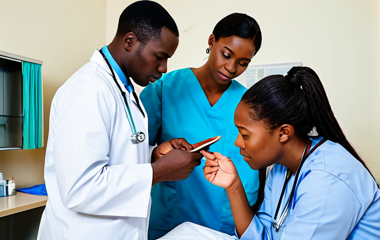 A professional medical team, including diverse African male and female doctors and medical students, attentively conducting a clinical examination. All subjects are wearing clean, modest medical scrubs and white coats, fully clothed, appropriate attire. The setting is a brightly lit, clean, and functional clinic room in a Nigerian hospital, with essential medical equipment visible. This image emphasizes practical clinical experience and collaborative learning. Perfect anatomy, correct proportions, natural poses, well-formed hands, proper finger count, natural body proportions, professional photography, high quality, safe for work, appropriate content, family-friendly.