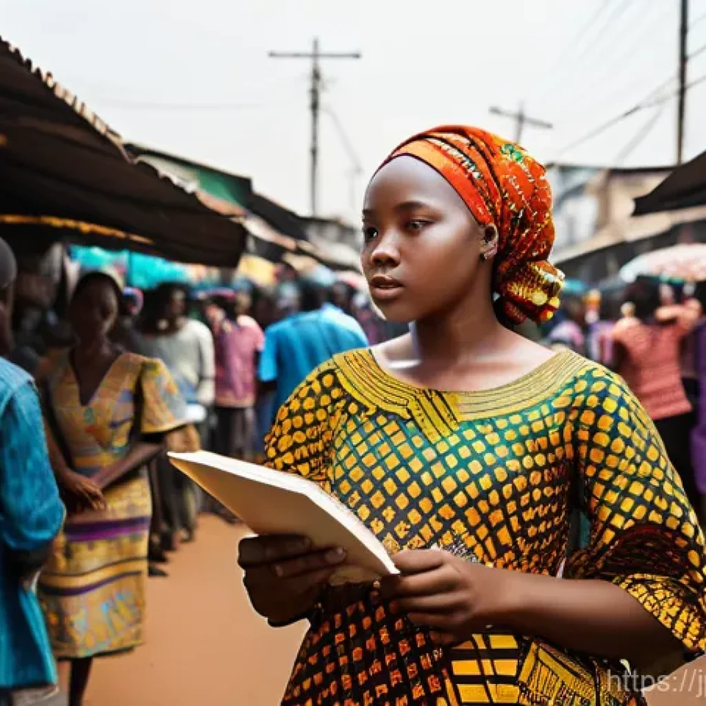 놀리우드 대표 영화 - A determined young Nigerian woman in her early 20s, wearing a modest, vibrantly patterned ankara dre...