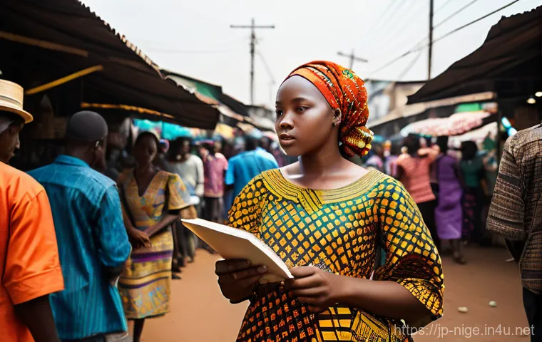 놀리우드 대표 영화 - A determined young Nigerian woman in her early 20s, wearing a modest, vibrantly patterned ankara dre...