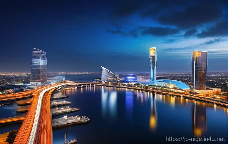 나이지리아의 현대 건축물 - **Prompt 1: Dynamic Lagos - A Future Shaped by Mega-Projects**
    "An aerial, wide-angle shot of a ...