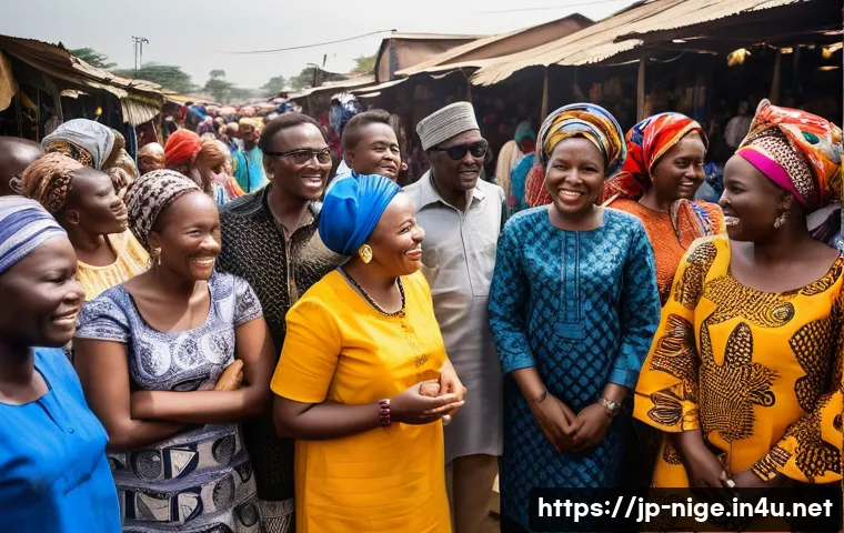 나이지리아의 공용어와 지역어 - Bustling Nigerian Market with Diverse Voices**
"A vibrant, wide-angle shot of a bustling open-air ma...