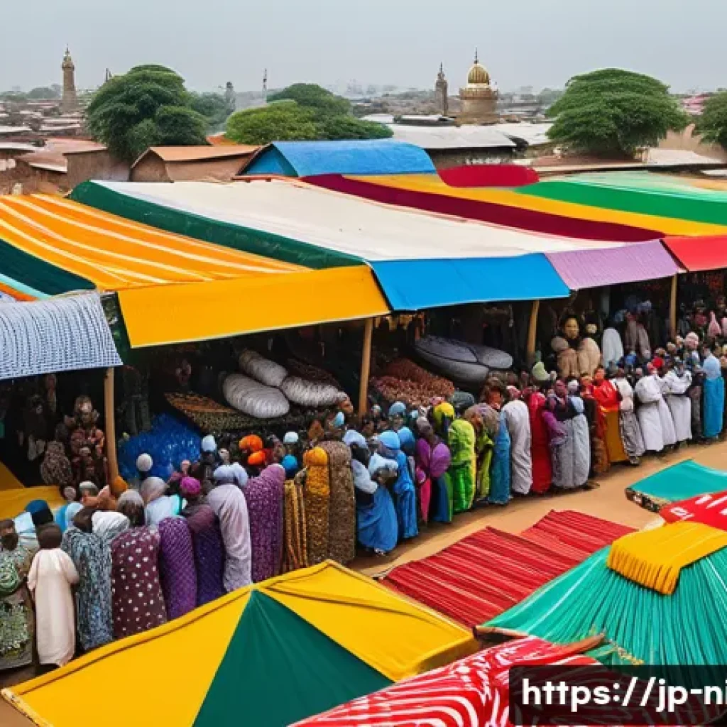 나이지리아 내전과 분쟁 - A vibrant and detailed scene depicting a traditional Nigerian marketplace where people from the thre...