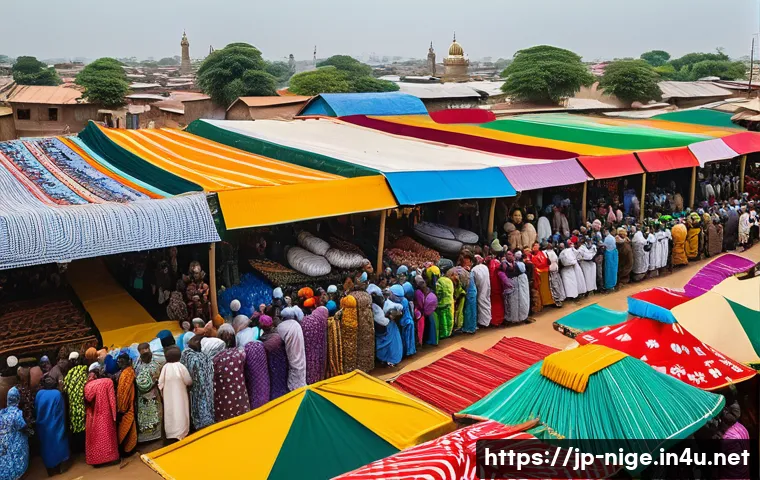 나이지리아 내전과 분쟁 - A vibrant and detailed scene depicting a traditional Nigerian marketplace where people from the thre...