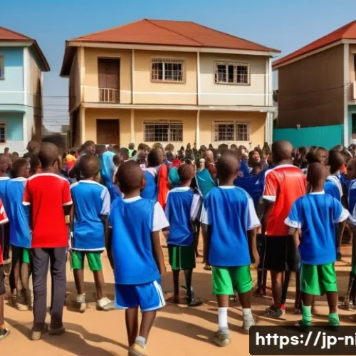 나이지리아에서 인기 있는 스포츠 - A vibrant street soccer scene in a Nigerian neighborhood during a weekend community event, with chil...