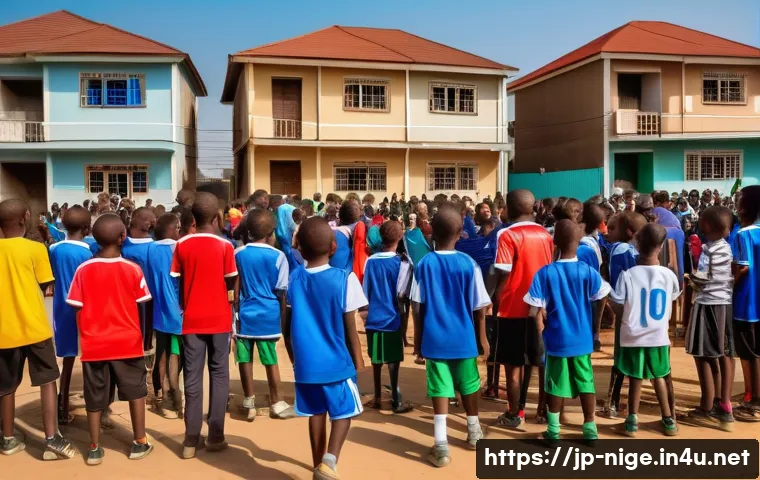나이지리아에서 인기 있는 스포츠 - A vibrant street soccer scene in a Nigerian neighborhood during a weekend community event, with chil...