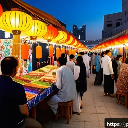 아부자에서 야시장 체험기 - A vibrant night market scene in Abu Dhabi with colorful stalls illuminated by bright lanterns and de...
