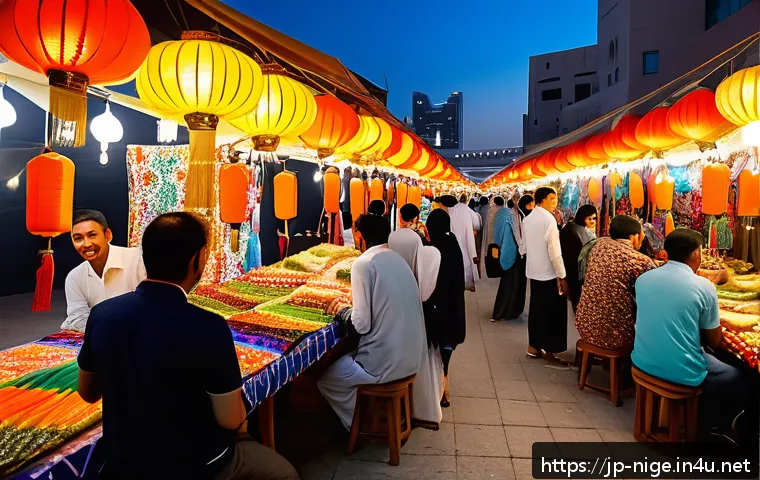 아부자에서 야시장 체험기 - A vibrant night market scene in Abu Dhabi with colorful stalls illuminated by bright lanterns and de...