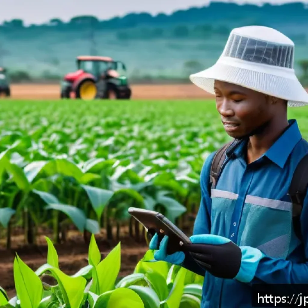 나이지리아 농업 성장 가능성 - A vibrant Nigerian farm scene showcasing young farmers using advanced digital technology such as dro...