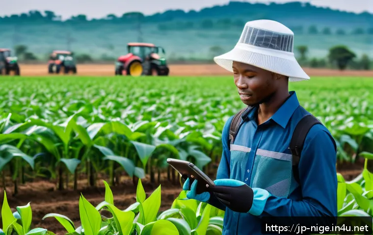 나이지리아 농업 성장 가능성 - A vibrant Nigerian farm scene showcasing young farmers using advanced digital technology such as dro...