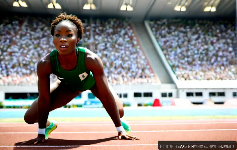 나이지리아 올림픽 출전 종목 - Photorealistic Olympic-style track and field scene featuring a focused Nigerian female sprinter in a...