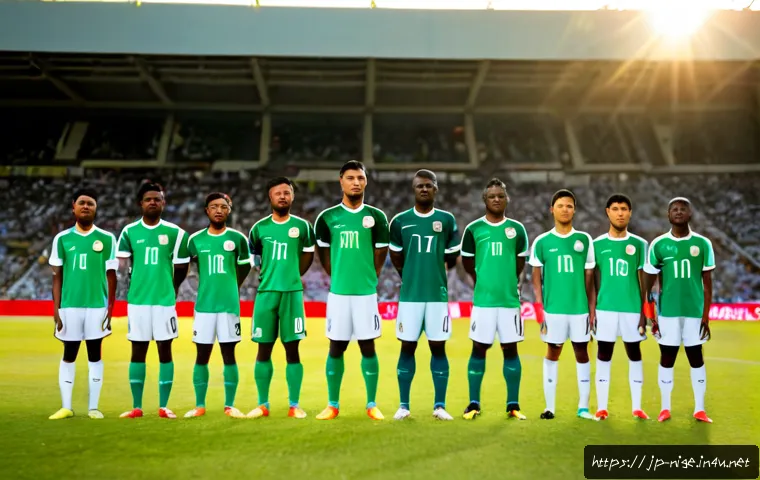 나이지리아 축구 대표팀 선수 명단 - Photorealistic editorial-style image of a Nigerian national football team squad during a pre-match l...